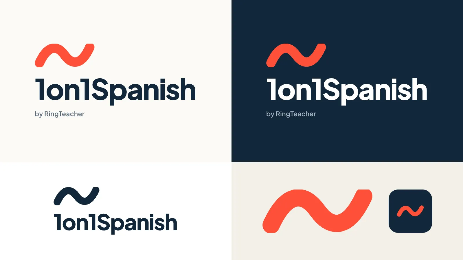 Logotipo de 1on1Spanish con una tilde coral sobre el nombre en azul marino: versión principal, en negativo, a una tinta, la tilde sola y el icono de aplicación