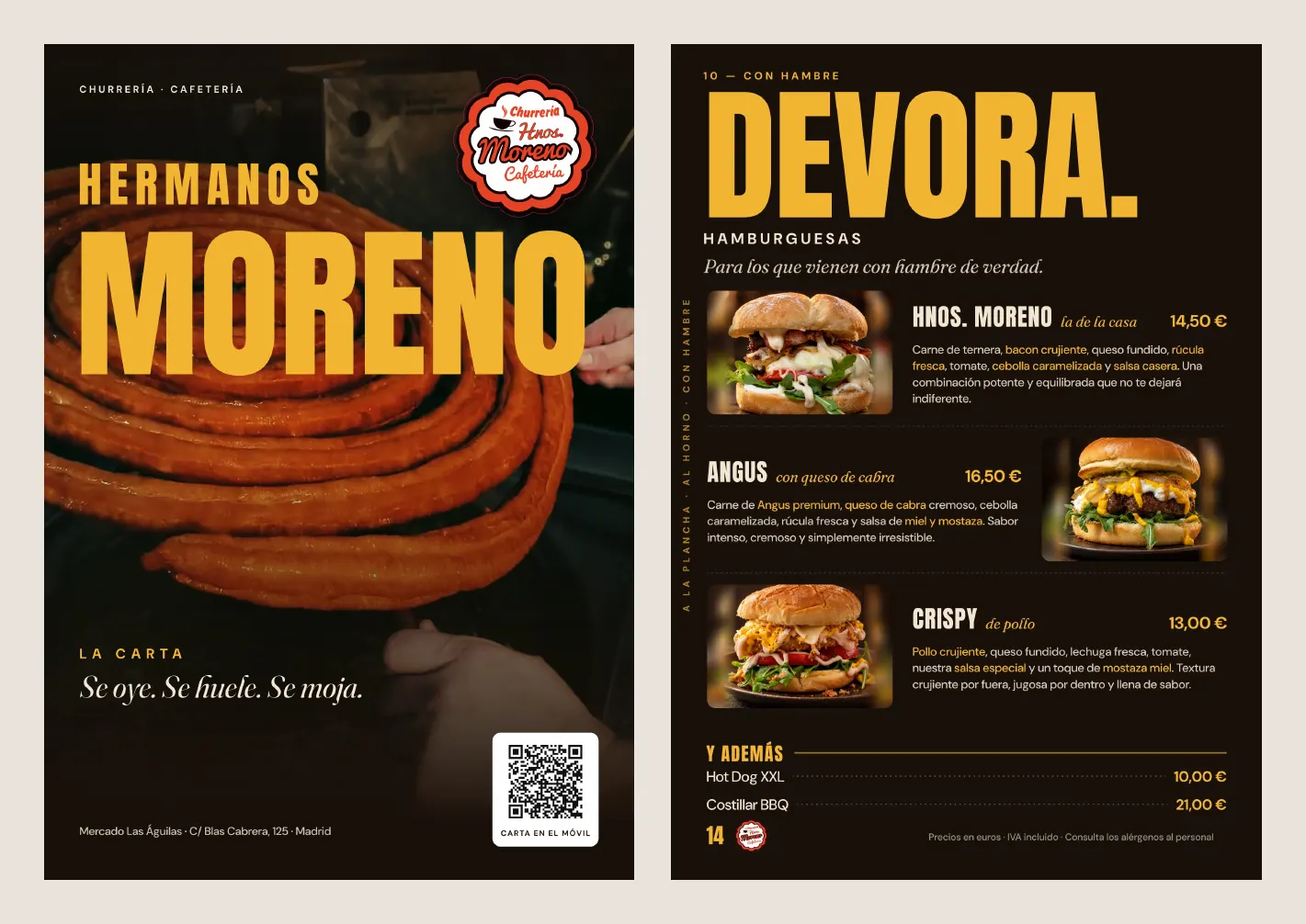 Portada de la carta de Churrería Hermanos Moreno con una rueda de churros y la página de hamburguesas con fotos, descripciones y precios