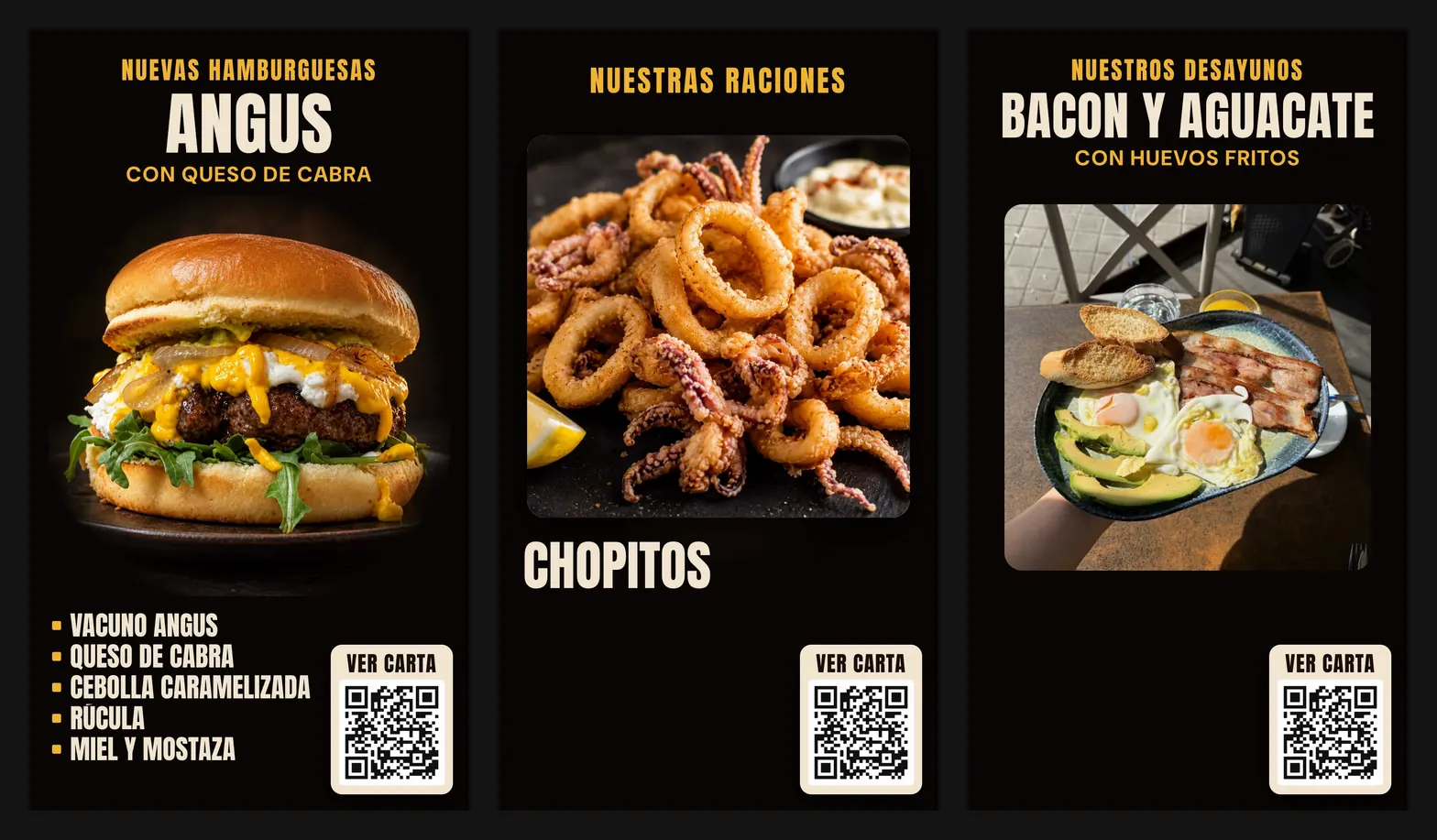 Tres fotogramas de los vídeos verticales: una hamburguesa Angus con sus ingredientes, una ración de chopitos y un desayuno de bacon y aguacate, cada uno con un código QR para ver la carta