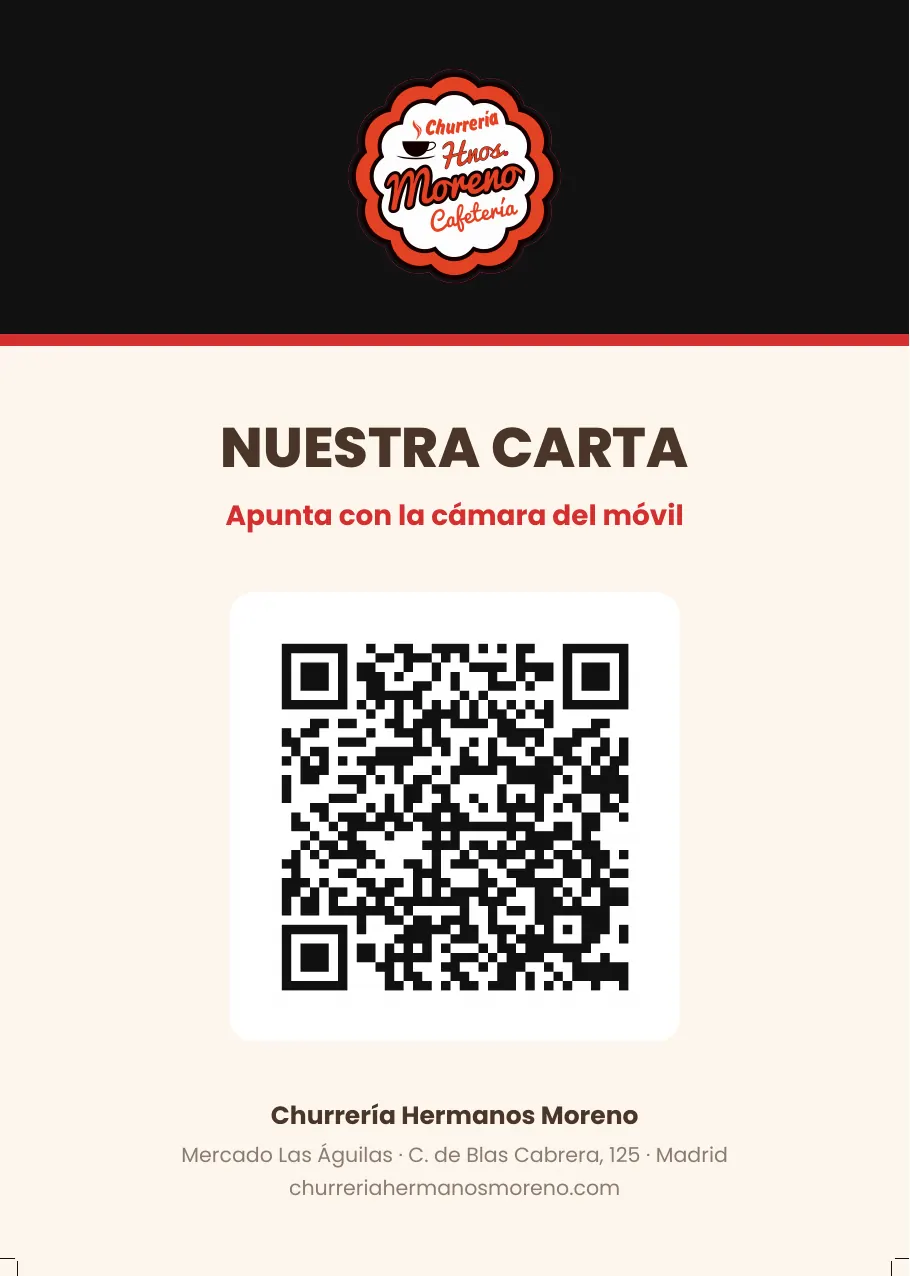 Pieza de mesa en A5 con el logotipo de la churrería, el título «Nuestra carta» y un código QR grande para abrirla con el móvil