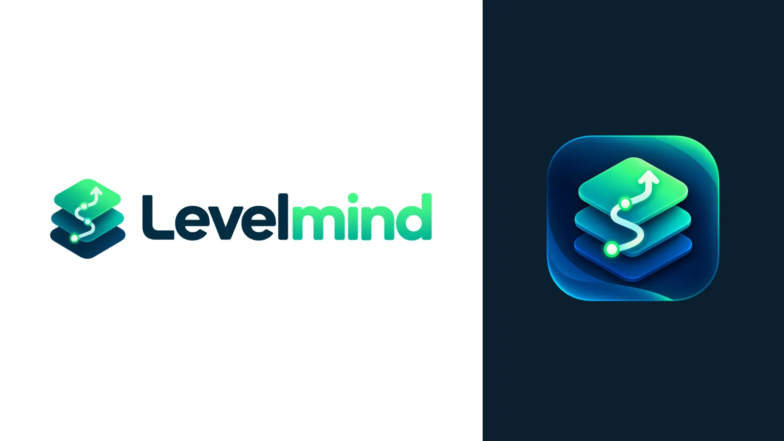 Logotipo horizontal de LevelMind con tres capas en verde y azul y, a la derecha, su icono de aplicación sobre fondo oscuro