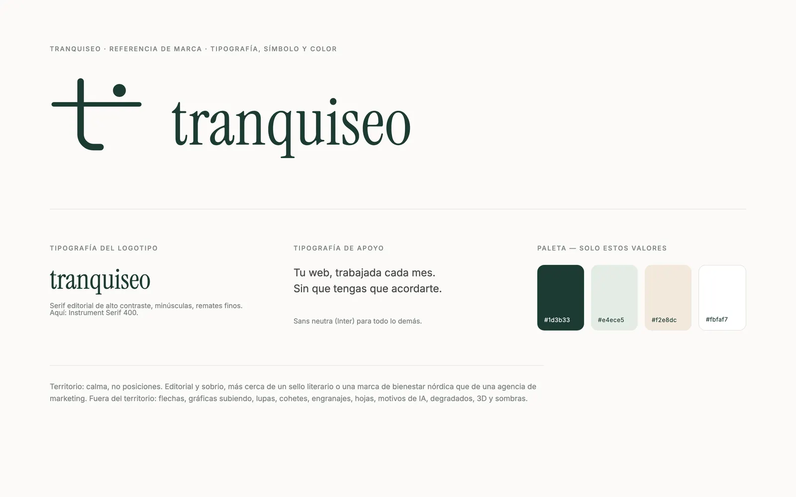 Hoja de referencia de la marca Tranquiseo: símbolo y logotipo en verde oscuro, tipografía del logotipo, tipografía de apoyo y paleta de cuatro colores